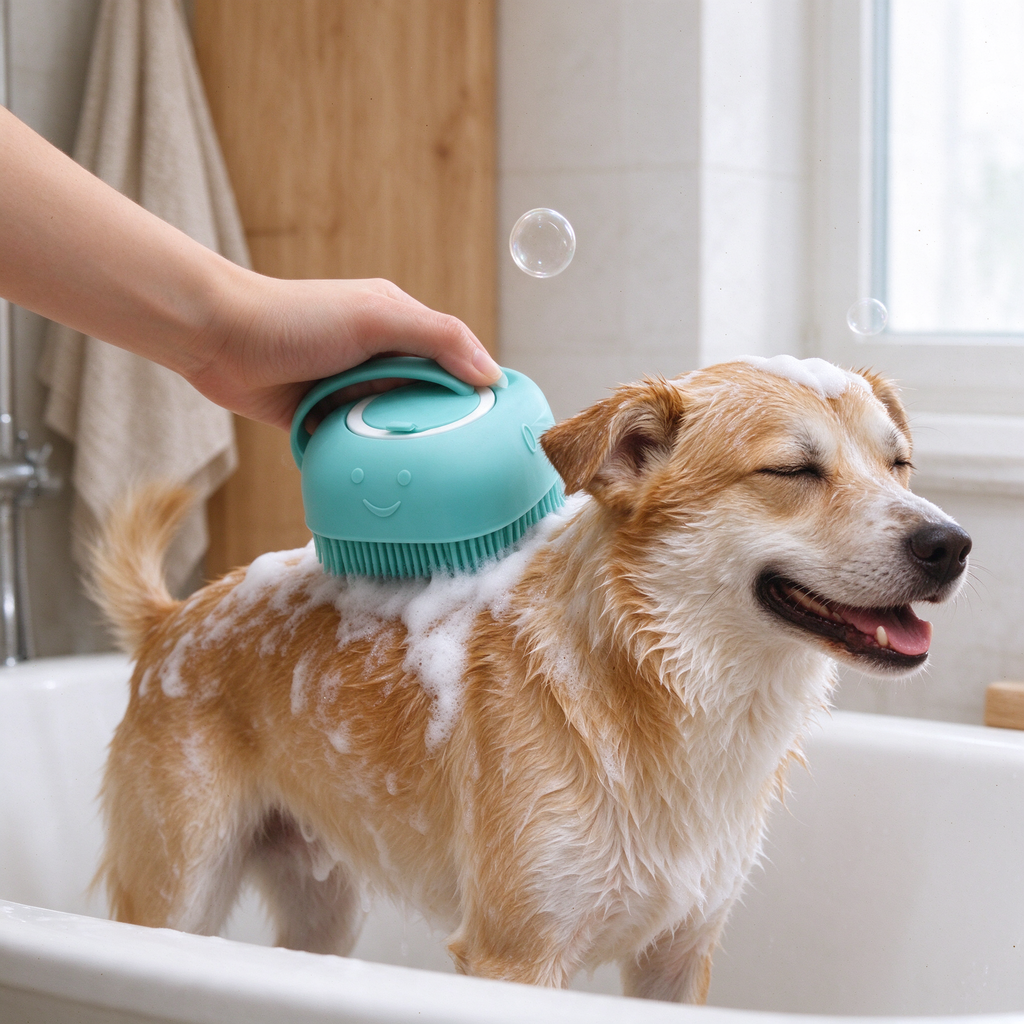 Hund wird in der Badewanne mit der Fellruh Badebürste sanft eingeschäumt